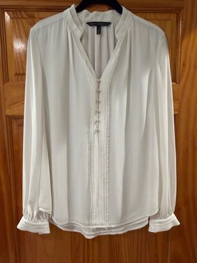 White House Black Market Cream Ruffle-Trim Button Blouse